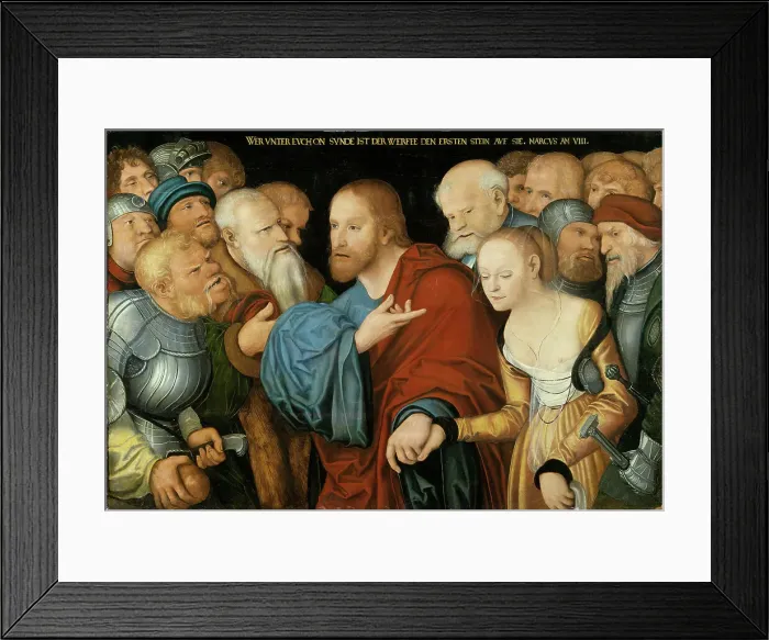 Framed Print : Christ and the Woman taken in Adultery, mid-16th century. Creator: Workshop of Lucas Cranach the Elder Framed Print : Christ and the Woman taken in Adultery, mid-16th century. Creator: Workshop of Lucas Cranach the Elder