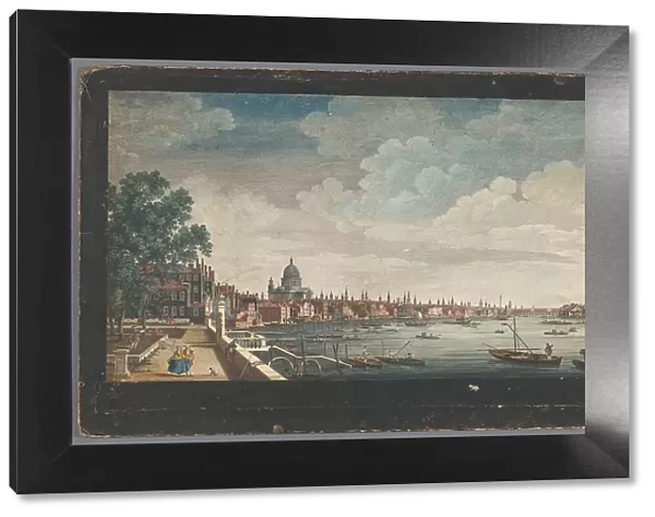 View of London Bridge over the River Thames in London, seen from the garden of Somerset House, 1750. Creator: Edward Rooker