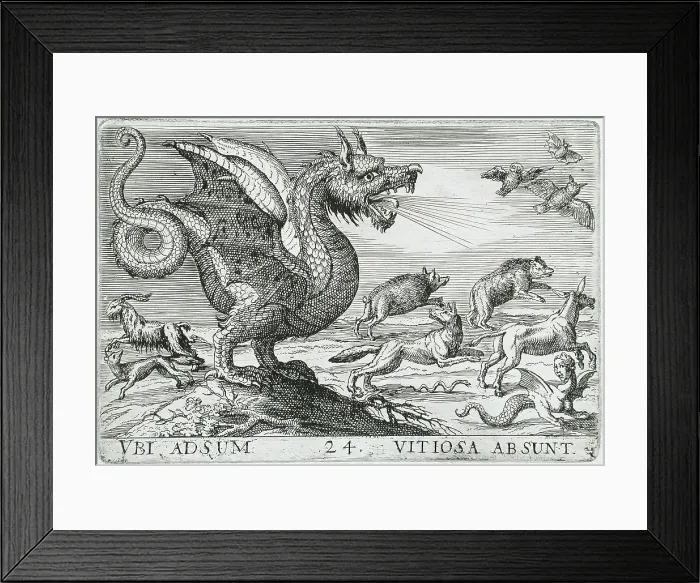 Framed Print : A Chimerical Animal Chasing Other Animals, 1610. Creator: Hendrick Hondius I Framed Print : A Chimerical Animal Chasing Other Animals, 1610. Creator: Hendrick Hondius I