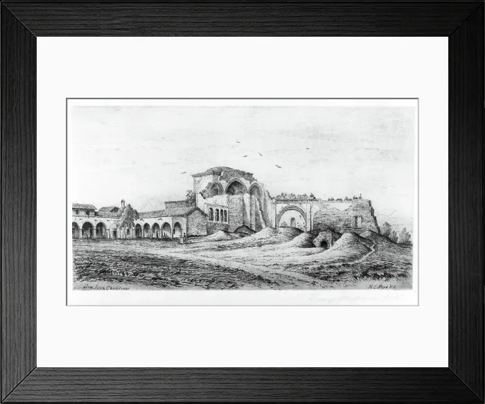 Framed Print : Mission San Juan Capistrano, Published in 1883. Creator: Henry Chapman Ford Framed Print : Mission San Juan Capistrano, Published in 1883. Creator: Henry Chapman Ford