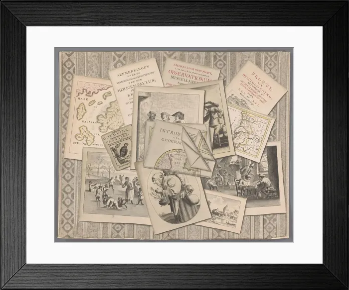 Framed Print : Trompe l'oeil with prints, maps and publications, in or after 1748. Creator: Anon Framed Print : Trompe l'oeil with prints, maps and publications, in or after 1748. Creator: Anon