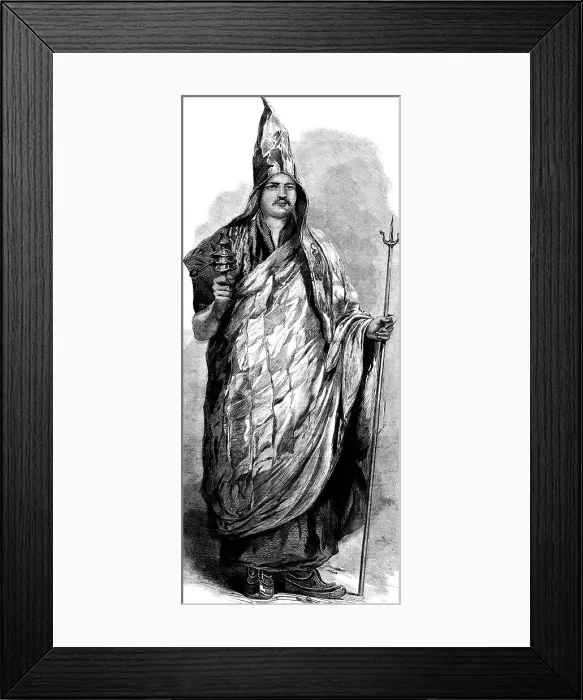 Framed Print : A Lama of the Dalai Sect, Thibet, with his Praying-Wheel and Trident, 1858. Creator: Unknown Framed Print : A Lama of the Dalai Sect, Thibet, with his Praying-Wheel and Trident, 1858. Creator: Unknown