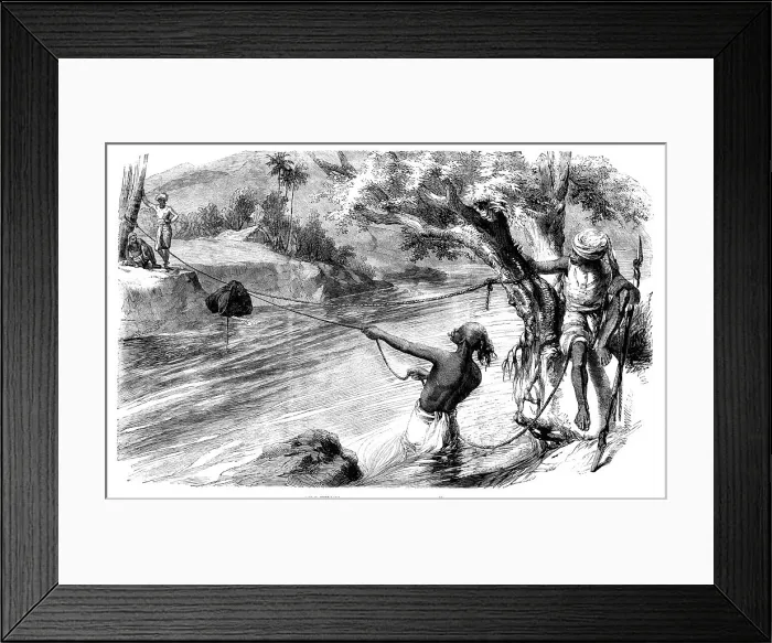 Framed Print : Sketches in India - Slinging Letter-bags across a Nullah in the Rainy Season, 1858. Creator: Unknown Framed Print : Sketches in India - Slinging Letter-bags across a Nullah in the Rainy Season, 1858. Creator: Unknown