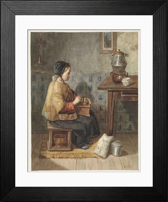 Framed Print : Girl sitting on a stool, 1838-1899. Creator: Joseph de Groot Framed Print : Girl sitting on a stool, 1838-1899. Creator: Joseph de Groot