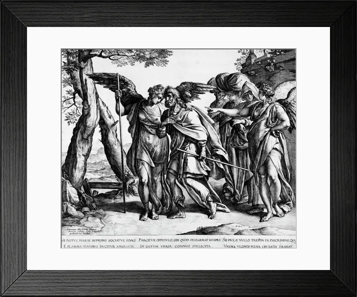 Framed Print : Lot and His Daughters Leaving Sodom, 1582. Creator: Hendrik Goltzius