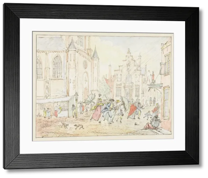 Framed Print : Square with people in the rain, 1782-1837. Creator: Pieter Bartholomeusz. Barbiers Framed Print : Square with people in the rain, 1782-1837. Creator: Pieter Bartholomeusz. Barbiers