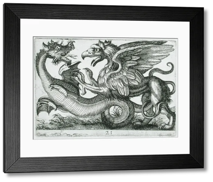 Framed Print : Two Chimerical Animals Fighting, 1610. Creator: Hendrick Hondius I Framed Print : Two Chimerical Animals Fighting, 1610. Creator: Hendrick Hondius I