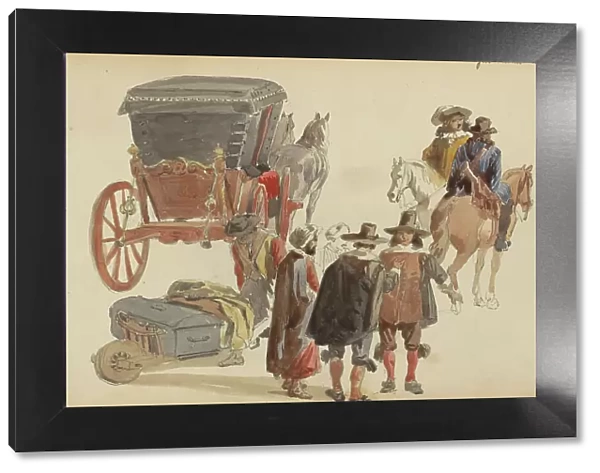 Carriage and figures in seventeenth-century clothing, c. 1846-c. 1882. Creator: Cornelis Springer