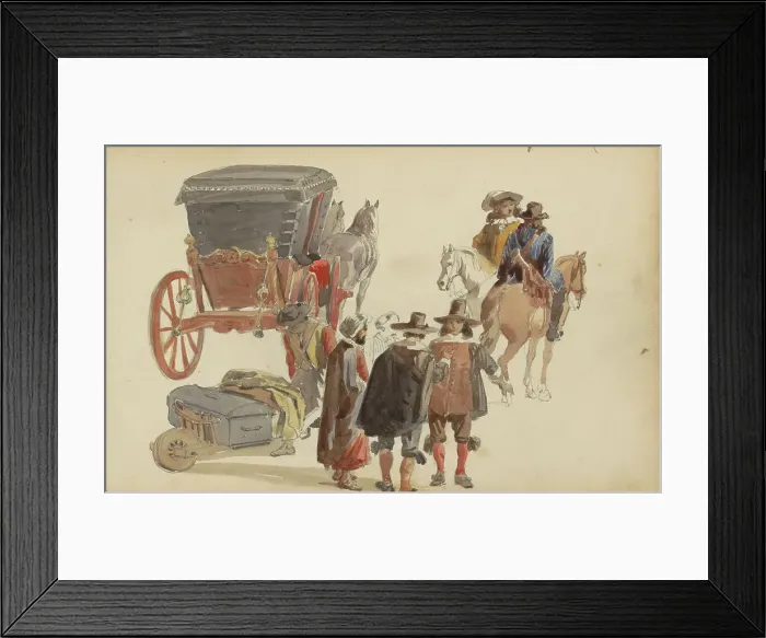 Framed Print : Carriage and figures in seventeenth-century clothing, c. 1846-c. 1882. Creator: Cornelis Springer Framed Print : Carriage and figures in seventeenth-century clothing, c. 1846-c. 1882. Creator: Cornelis Springer