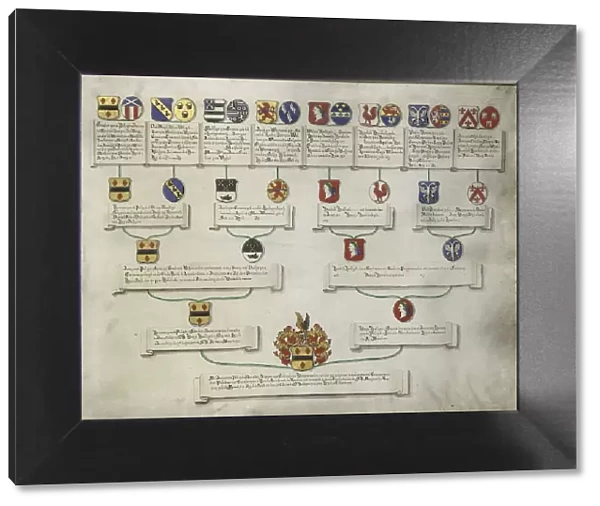 Pedigree with the coats of arms of the sixteen quarters of Jan van de Poll, 1700-1749. Creator: Anon