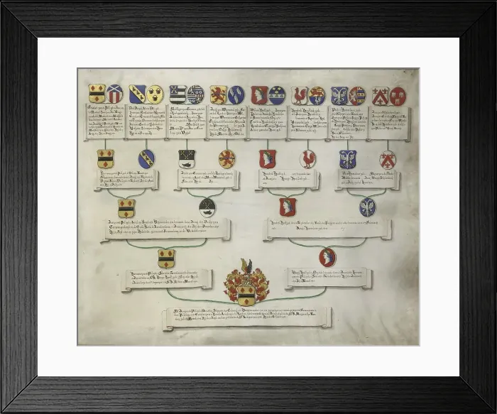 Framed Print : Pedigree with the coats of arms of the sixteen quarters of Jan van de Poll, 1700-1749. Creator: Anon Framed Print : Pedigree with the coats of arms of the sixteen quarters of Jan van de Poll, 1700-1749. Creator: Anon