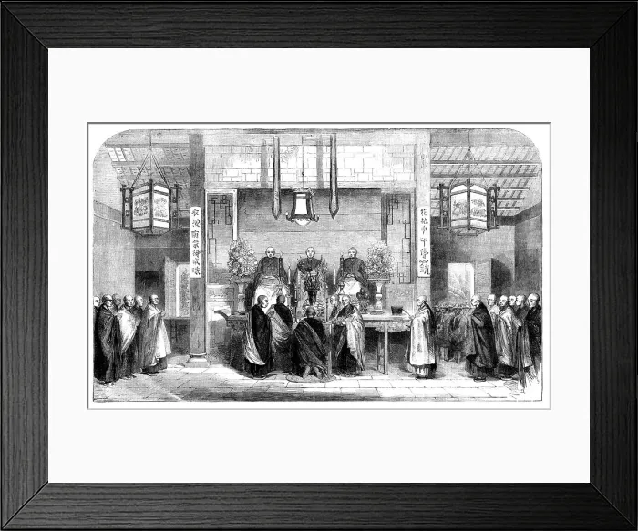 Framed Print : Sketches in China - the Consecration of a Buddhist Abbot at the Temple of Honam, 1858. Creator: Unknown Framed Print : Sketches in China - the Consecration of a Buddhist Abbot at the Temple of Honam, 1858. Creator: Unknown