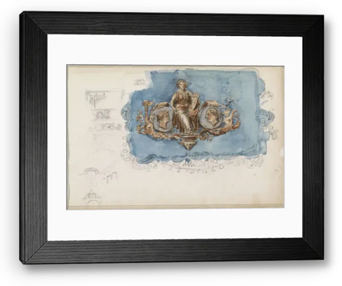 Framed Print : Vignette with seated woman and two portraits, 1862-1867. Creator: Isaac Gosschalk Framed Print : Vignette with seated woman and two portraits, 1862-1867. Creator: Isaac Gosschalk
