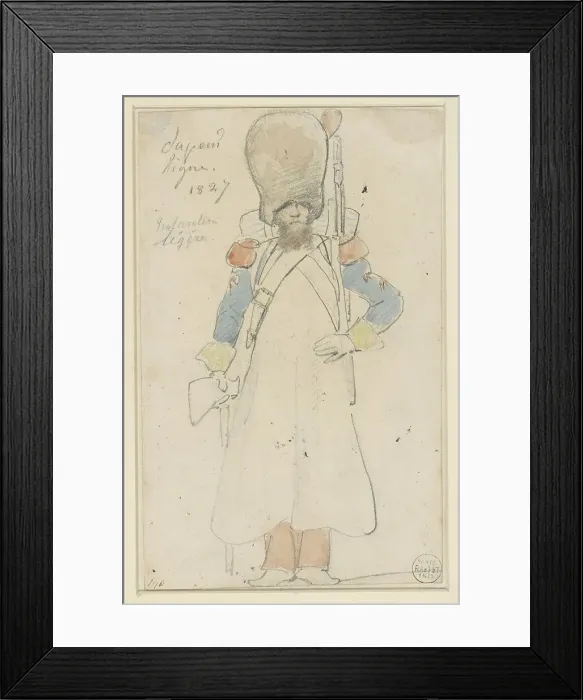 Framed Print : Sketch of military uniform, 1827. Creator: Auguste Raffet Framed Print : Sketch of military uniform, 1827. Creator: Auguste Raffet
