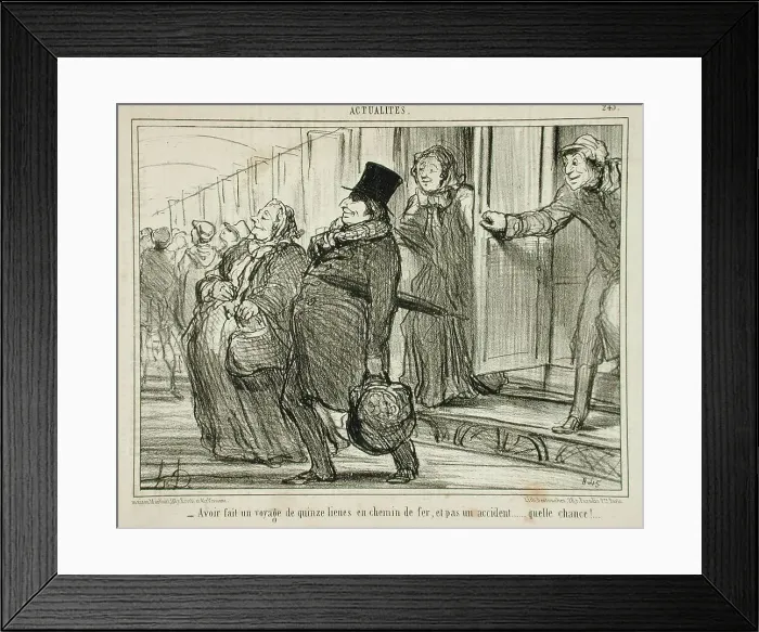 Framed Print : Avoir fait un voyage de quinze lieues en chemin de fer.. 1855. Creator: Honore Daumier Framed Print : Avoir fait un voyage de quinze lieues en chemin de fer.. 1855. Creator: Honore Daumier