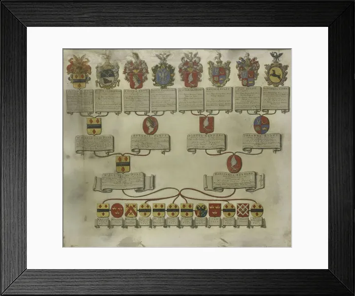 Framed Print : Family tree with the coats of arms of the six children of Jan van de Poll and Margaretha...1738 Creator: Gerrit de Broen Framed Print : Family tree with the coats of arms of the six children of Jan van de Poll and Margaretha...1738 Creator: Gerrit de Broen