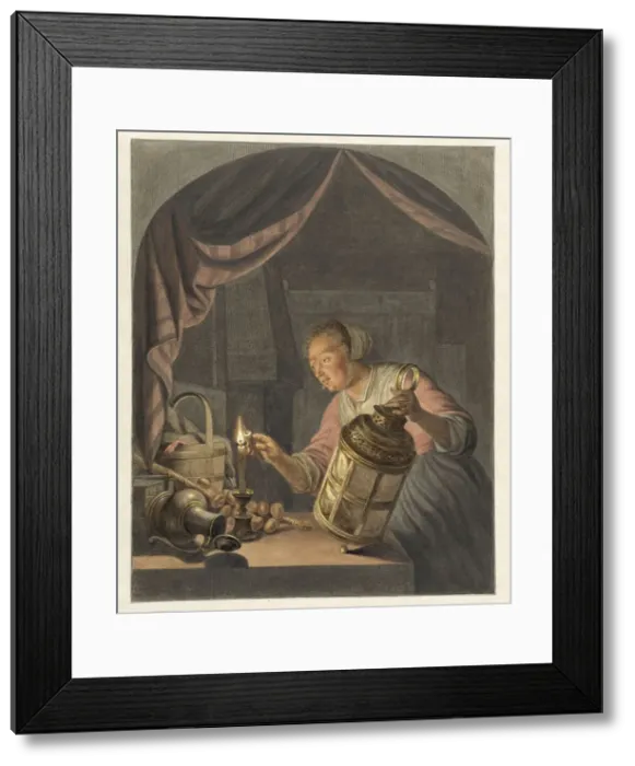 Framed Print : Girl lighting a lantern, 1795. Creator: Abraham Delfos Framed Print : Girl lighting a lantern, 1795. Creator: Abraham Delfos