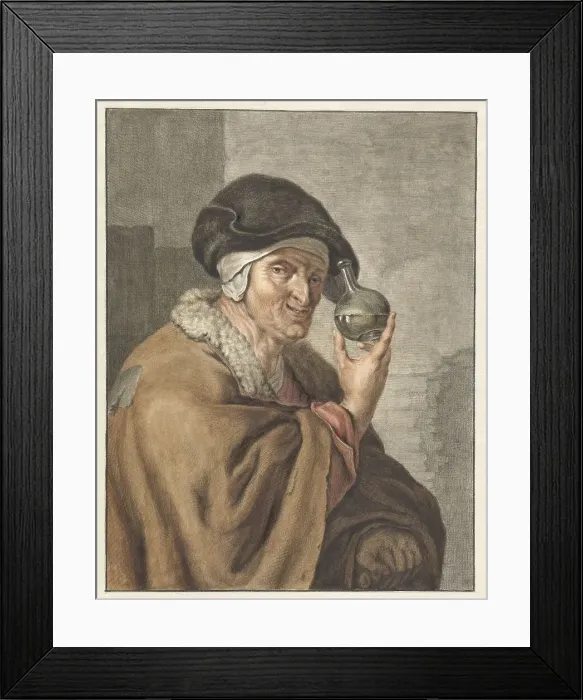 Framed Print : Old woman with a flask of urine, 1741-1820. Creator: Abraham Delfos Framed Print : Old woman with a flask of urine, 1741-1820. Creator: Abraham Delfos