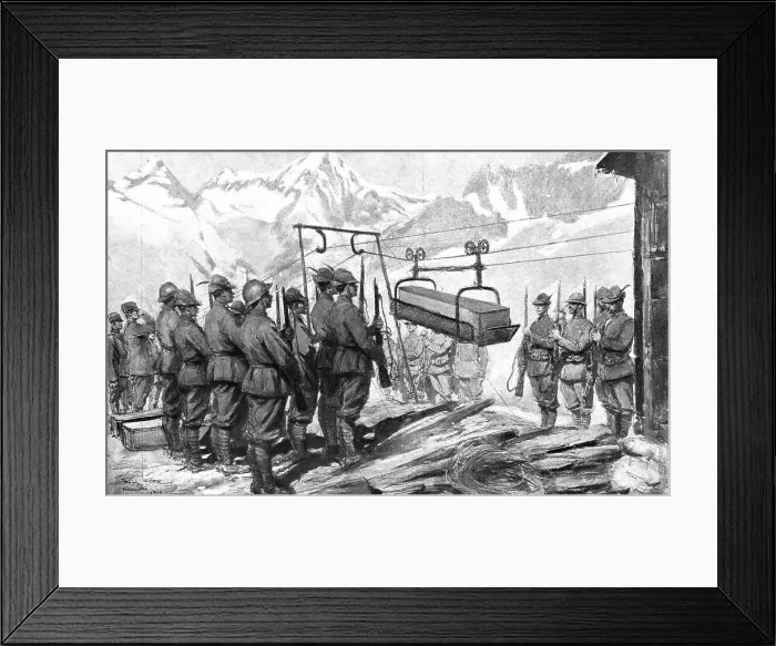 Framed Print : Par Dela les Alpes; L'hiver sur les pentes de l'Adamello: les honneurs au cercueil d'un... 1917. Creator: Unknown Framed Print : Par Dela les Alpes; L'hiver sur les pentes de l'Adamello: les honneurs au cercueil d'un... 1917. Creator: Unknown