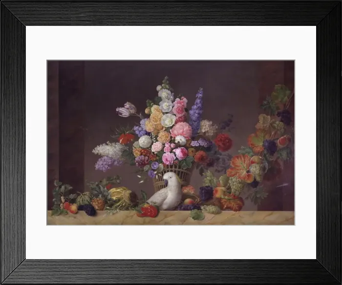 Framed Print : A basket of flowers, a cockatoo and a fruit vine, 1829. Creator: Johannes Ludvig Camradt Framed Print : A basket of flowers, a cockatoo and a fruit vine, 1829. Creator: Johannes Ludvig Camradt