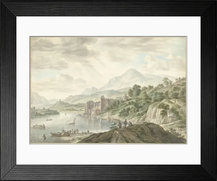 Framed Print : Hilly landscape with a castle on a river, 1795. Creator: Abraham Delfos Framed Print : Hilly landscape with a castle on a river, 1795. Creator: Abraham Delfos