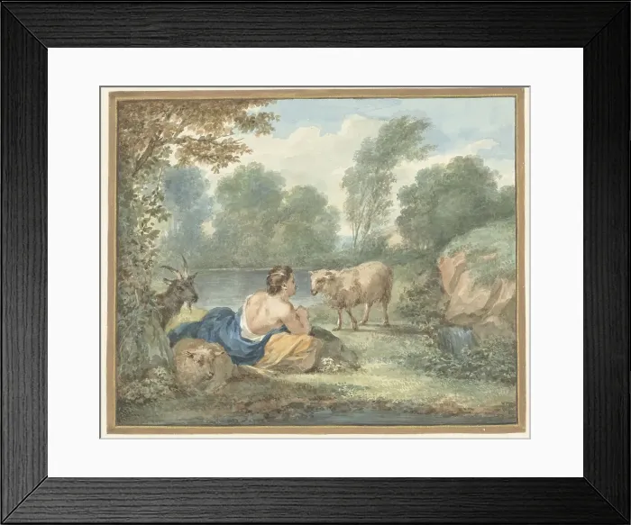 Framed Print : Shepherd with sheep in a landscape with a lake, 1781. Creator: Aert Schouman Framed Print : Shepherd with sheep in a landscape with a lake, 1781. Creator: Aert Schouman