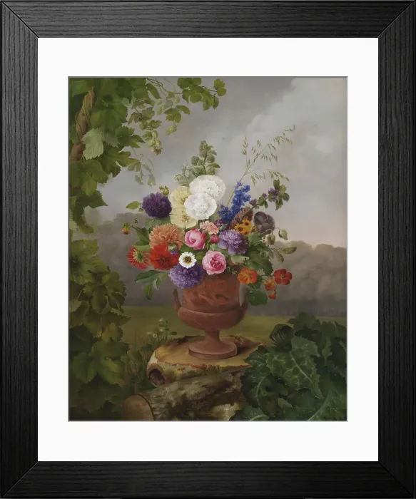 Framed Print : Vase in the Greek Style with Flowers, Standing on a Tree Stump, 1832. Creator: Hermania Neergaard Framed Print : Vase in the Greek Style with Flowers, Standing on a Tree Stump, 1832. Creator: Hermania Neergaard