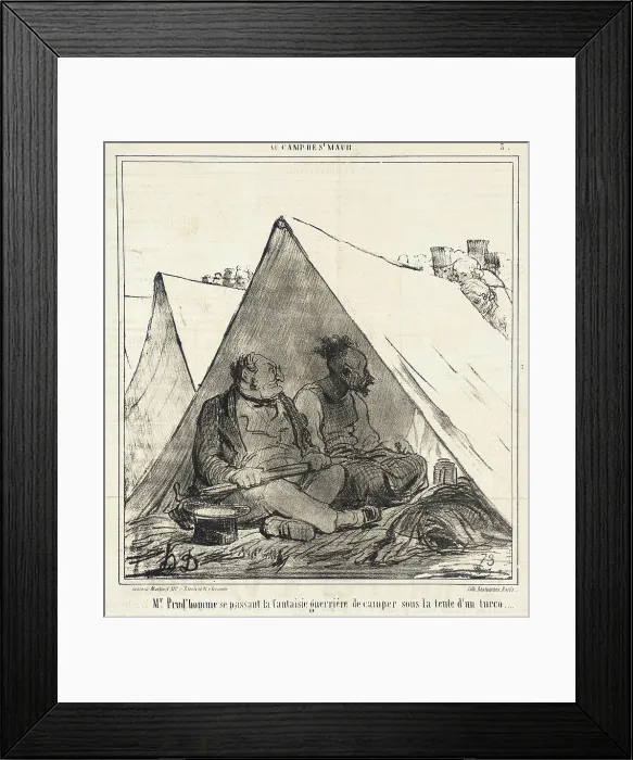 Framed Print : M. Prud'homme se passant la fantaisie guerrière de camper sous la tente d'un turco... 1859. Creator: Honore Daumier Framed Print : M. Prud'homme se passant la fantaisie guerrière de camper sous la tente d'un turco... 1859. Creator: Honore Daumier