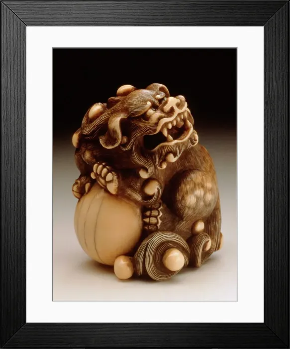 Framed Print : Chinese Lion Guarding the Jewel of the Buddha, 18th century. Creator: Unknown Framed Print : Chinese Lion Guarding the Jewel of the Buddha, 18th century. Creator: Unknown