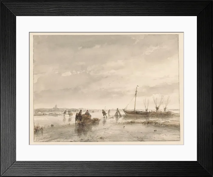 Framed Print : Winter landscape with frozen lake, 1797-1870. Creator: Andreas Schelfhout Framed Print : Winter landscape with frozen lake, 1797-1870. Creator: Andreas Schelfhout
