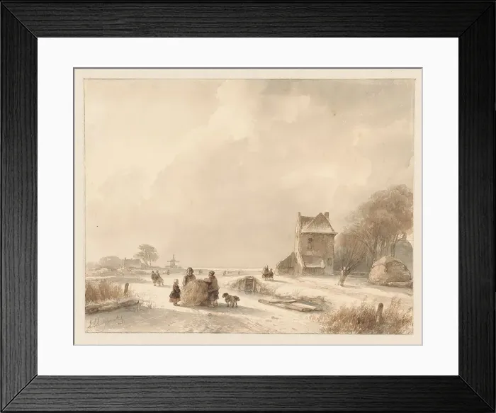 Framed Print : Winter landscape with sleigh and iceskaters, 1797-1870. Creator: Andreas Schelfhout Framed Print : Winter landscape with sleigh and iceskaters, 1797-1870. Creator: Andreas Schelfhout