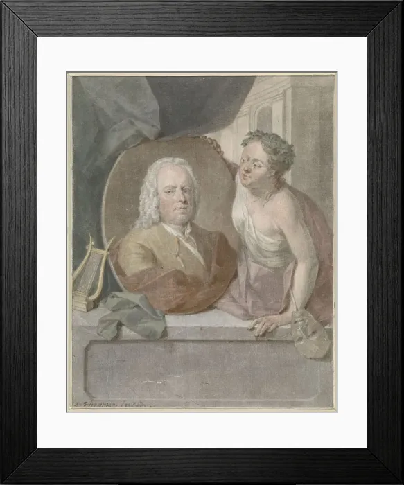 Framed Print : Portrait medallion from Frans Greenwood held by a muse, 1748. Creator: Aert Schouman Framed Print : Portrait medallion from Frans Greenwood held by a muse, 1748. Creator: Aert Schouman