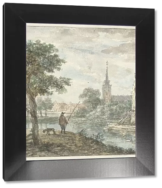 View of a city with an angler in the foreground, c. 1700-c. 1800. Creator: Anon