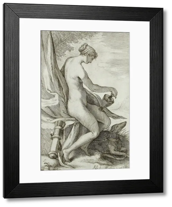 Framed Print : Nymph and Greyhound, between 1607 and 1610. Creator: Jacob Matham Framed Print : Nymph and Greyhound, between 1607 and 1610. Creator: Jacob Matham