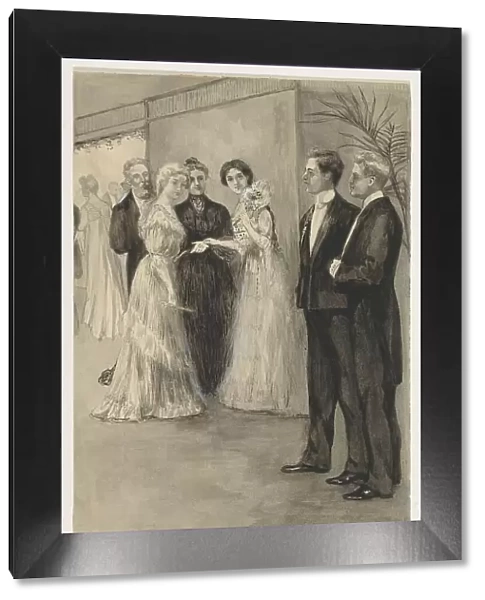 Sisters in evening dress looking at two young men, 1905 or earlier. Creator: Anna Maria Kruijff