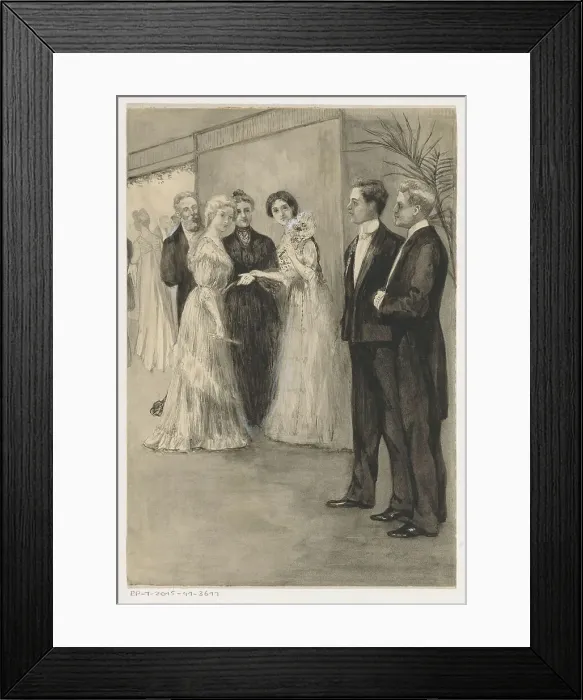 Framed Print : Sisters in evening dress looking at two young men, 1905 or earlier. Creator: Anna Maria Kruijff Framed Print : Sisters in evening dress looking at two young men, 1905 or earlier. Creator: Anna Maria Kruijff