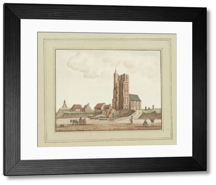 Framed Print : View of the collapsed tower in Egmond aan Zee, c. 1752. Creator: Anon Framed Print : View of the collapsed tower in Egmond aan Zee, c. 1752. Creator: Anon