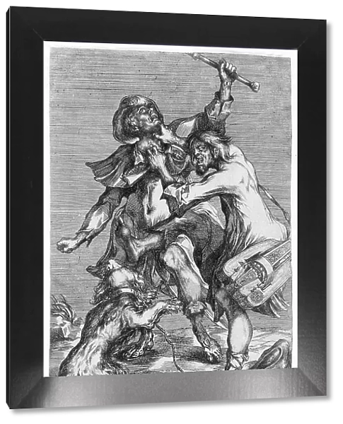 Hurdy-Gurdy Player Attacking a Pilgrim, c1614. Creator: Jacques Bellange