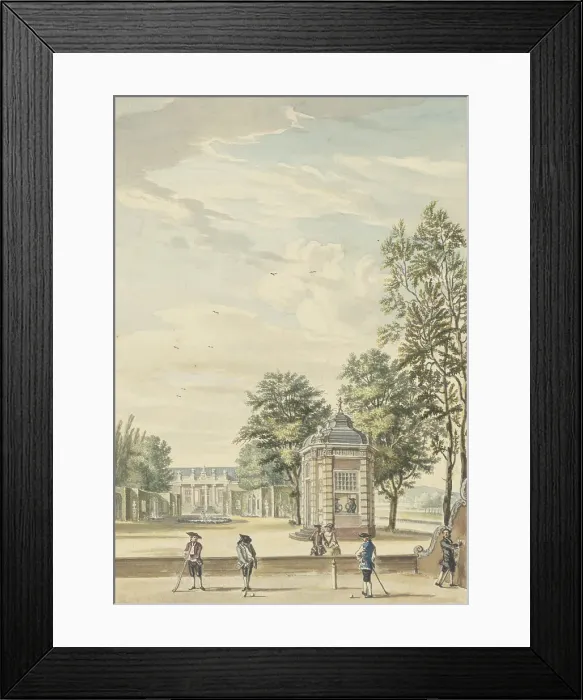 Framed Print : View of a country estate with four golfers, 1706-1800. Creator: Anon Framed Print : View of a country estate with four golfers, 1706-1800. Creator: Anon