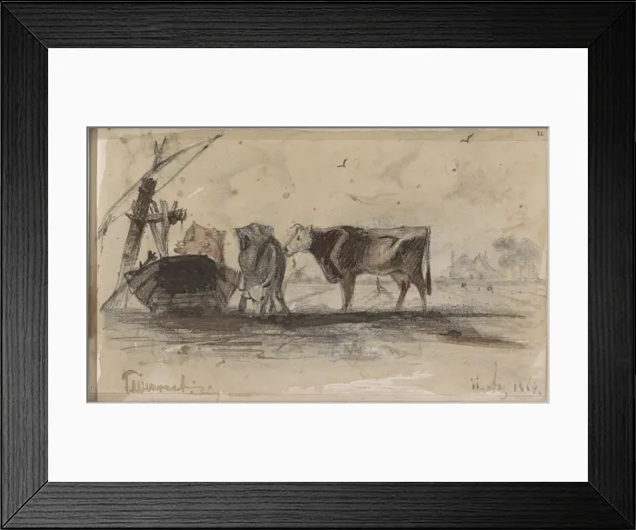 Framed Print : Pasture with cows at a trough, 1864. Creator: Johannes Tavenraat Framed Print : Pasture with cows at a trough, 1864. Creator: Johannes Tavenraat