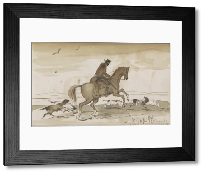 Framed Print : Landscape with a rider and running dogs, 1864. Creator: Johannes Tavenraat Framed Print : Landscape with a rider and running dogs, 1864. Creator: Johannes Tavenraat