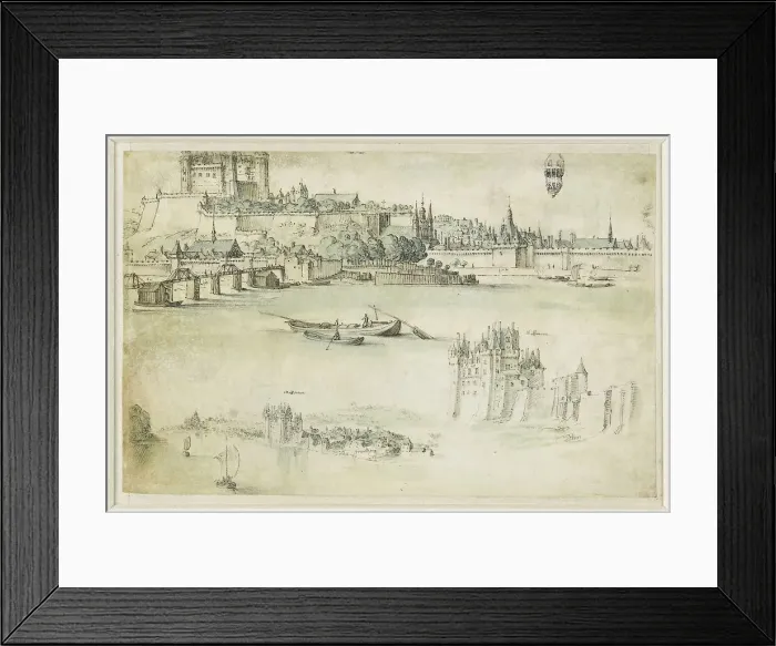 Framed Print : Loire landscape with the castles Saumur and Montsoreau, 1600-1650. Creator: Anon Framed Print : Loire landscape with the castles Saumur and Montsoreau, 1600-1650. Creator: Anon