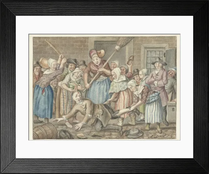 Framed Print : A man who had beaten his wife is punished by a group of women in the Vinkestraat in Amsterdam, 1768. Creator: Anthonie Drost Framed Print : A man who had beaten his wife is punished by a group of women in the Vinkestraat in Amsterdam, 1768. Creator: Anthonie Drost