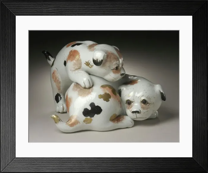 Framed Print : Okimono in the Form of a Pair of Gamboling Piebald Puppies, 19th century. Creator: Unknown Framed Print : Okimono in the Form of a Pair of Gamboling Piebald Puppies, 19th century. Creator: Unknown