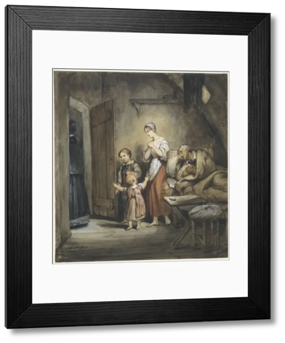 Framed Print : Sick man in bed with a woman and two children next to him, 1805-1858. Creator: Ary Scheffer Framed Print : Sick man in bed with a woman and two children next to him, 1805-1858. Creator: Ary Scheffer