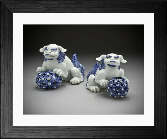 Framed Print : Pair of Okimono in the Form of Chinese Lions on Pierced Balls, 19th century. Creator: Unknown Framed Print : Pair of Okimono in the Form of Chinese Lions on Pierced Balls, 19th century. Creator: Unknown