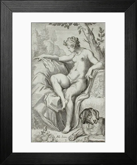 Framed Print : Nymph and Hound, between 1607 and 1610. Creator: Jacob Matham Framed Print : Nymph and Hound, between 1607 and 1610. Creator: Jacob Matham