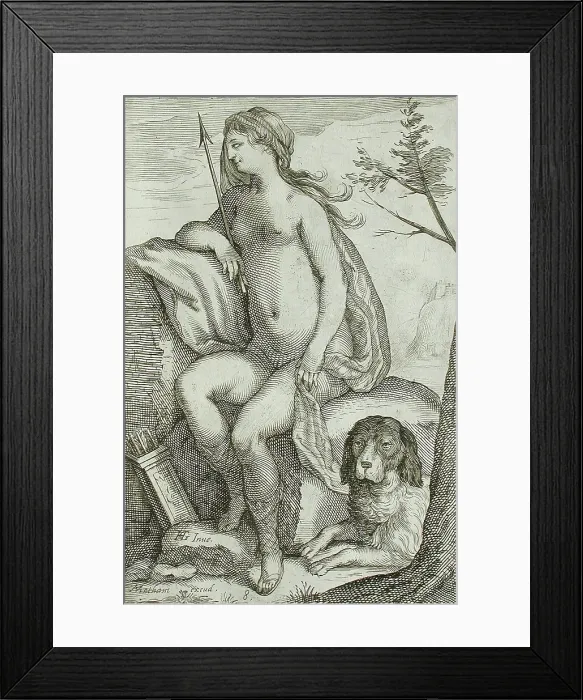 Framed Print : Nymph and Large Dog, between 1607 and 1610. Creator: Jacob Matham Framed Print : Nymph and Large Dog, between 1607 and 1610. Creator: Jacob Matham