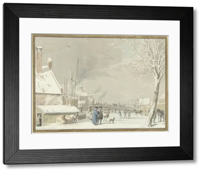 Framed Print : Frozen city canal with skaters, 1769. Creator: Cornelis van Noorde Framed Print : Frozen city canal with skaters, 1769. Creator: Cornelis van Noorde