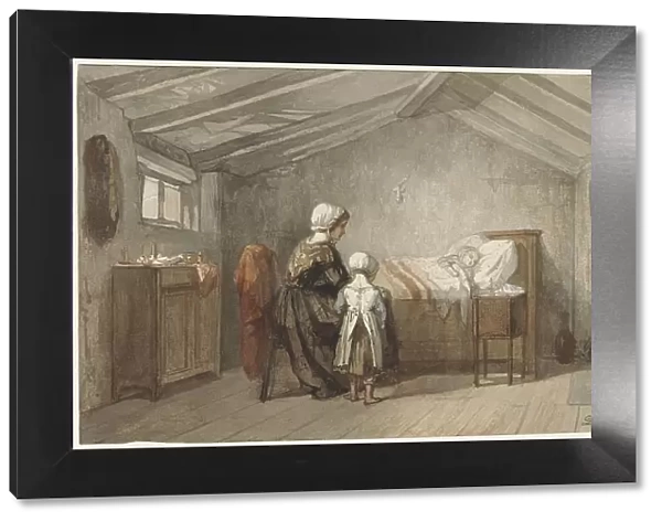 Mother and daughter at a child's sickbed, 1862. Creator: Diederik Franciscus Jamin